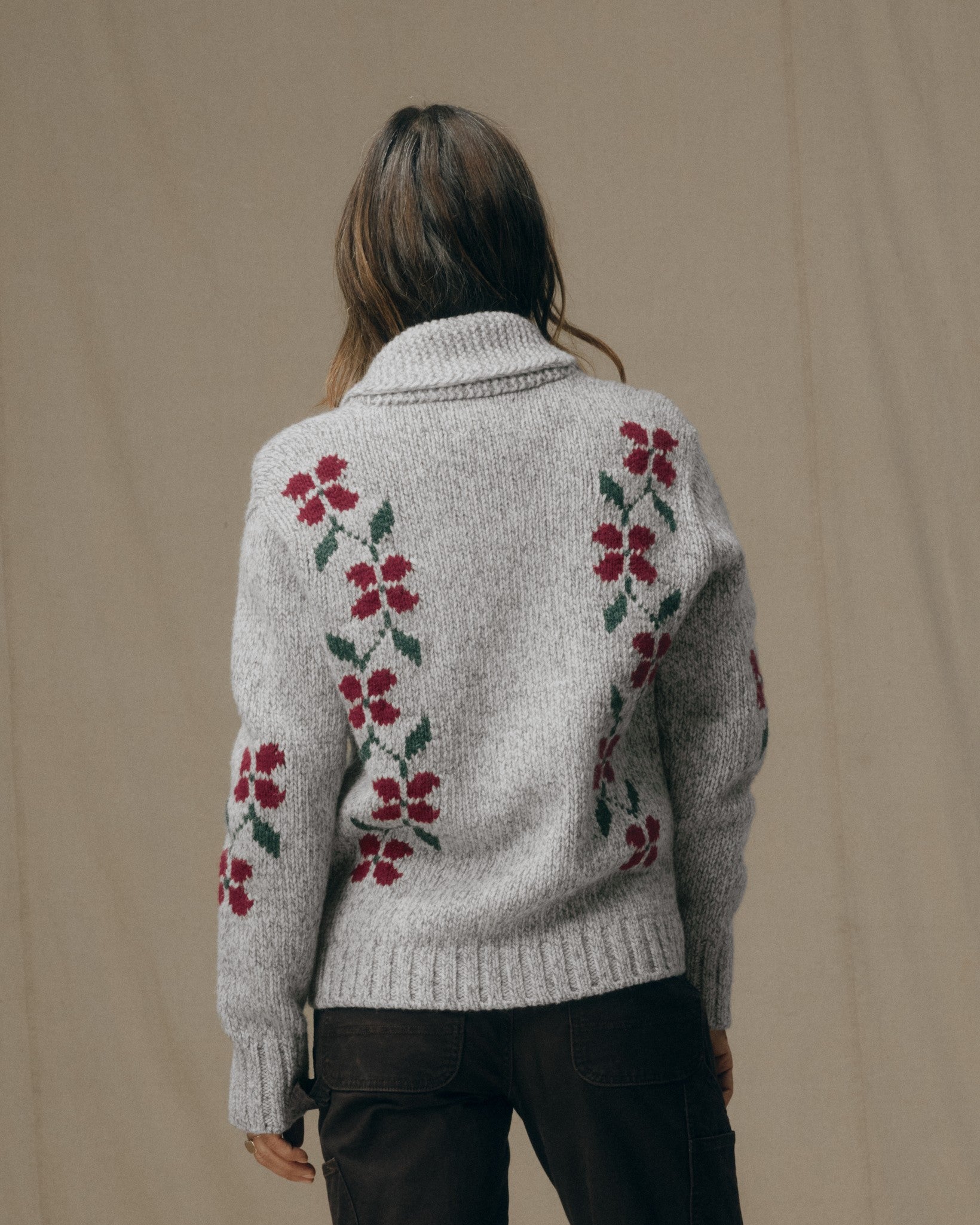 Women's Zippered Wool Sweater - Gray / Flower - Image 2