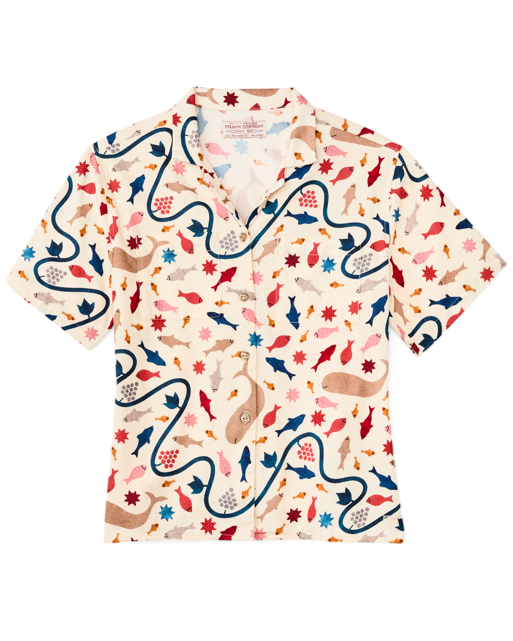 Women's Short Sleeve Camp Shirt - Natural / Whale Print