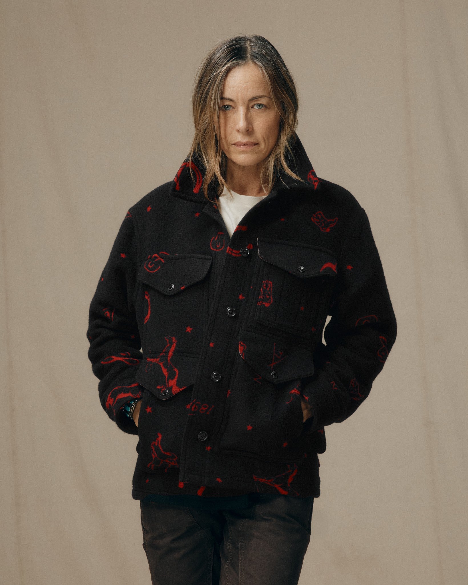 Women's Jacquard Wool Cruiser Jacket - Black / Red Western - Image 3