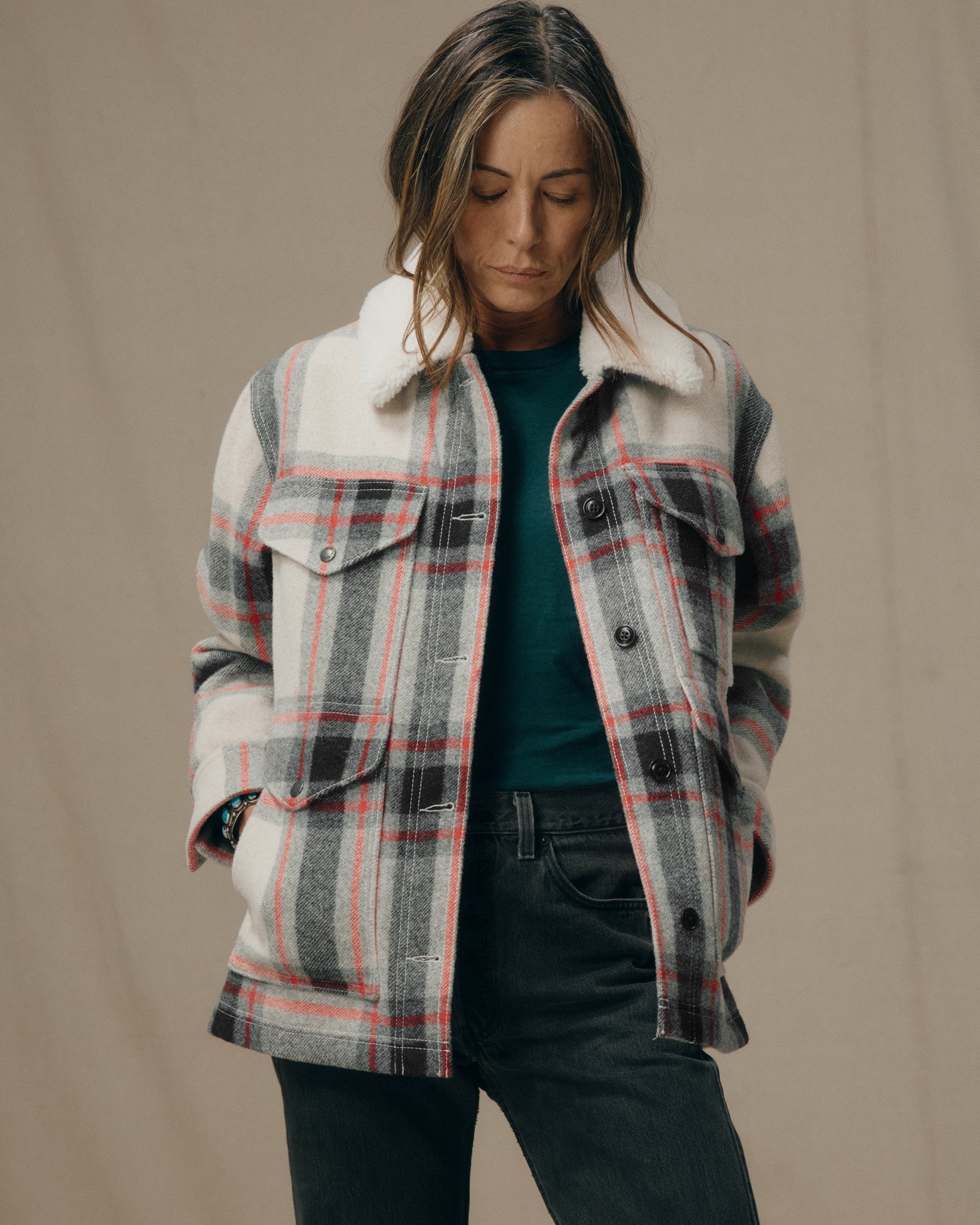 Women's Mackinaw Wool Shearling Cruiser Jacket - Cream / Red / Black Plaid - Image 3