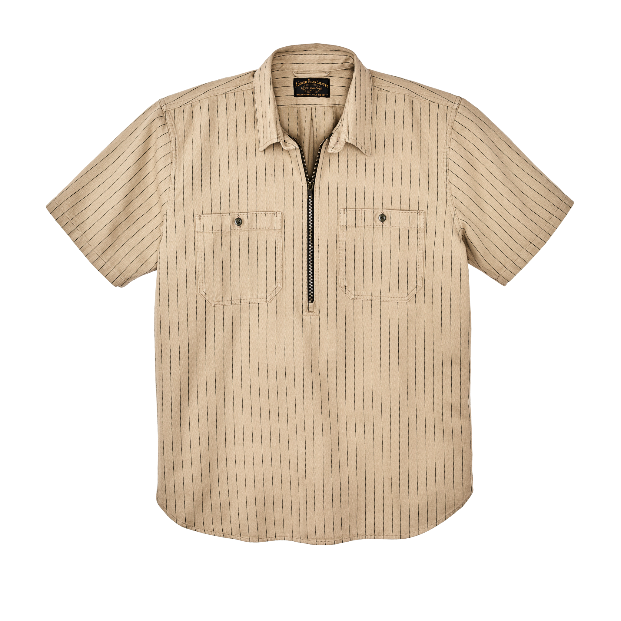 Short Sleeve Mechanic Shirt - Tan Herringbone/ Green Stripe